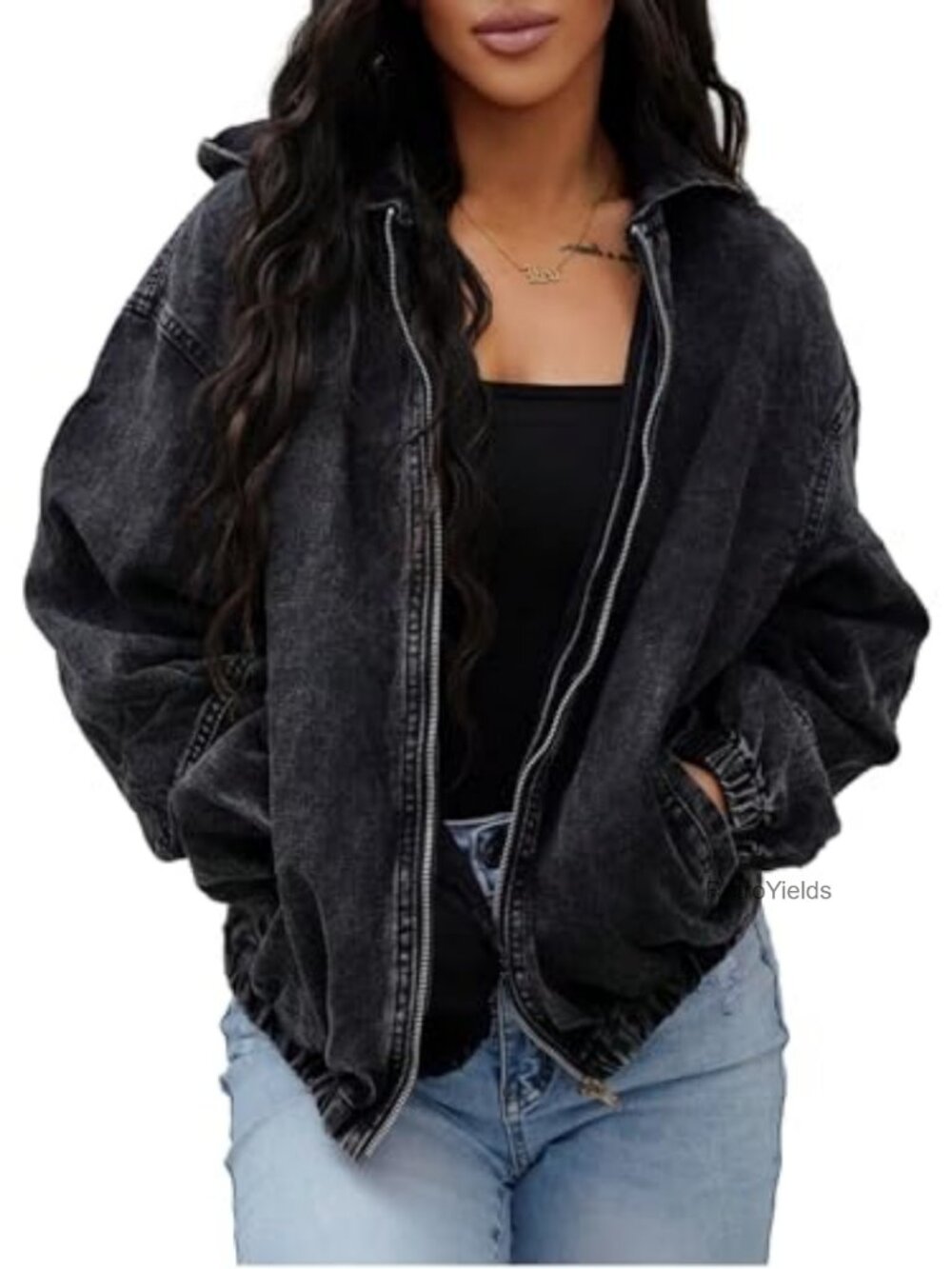 Washed Hooded Zip Up Bomber Jean Jacket Drop Shoulder